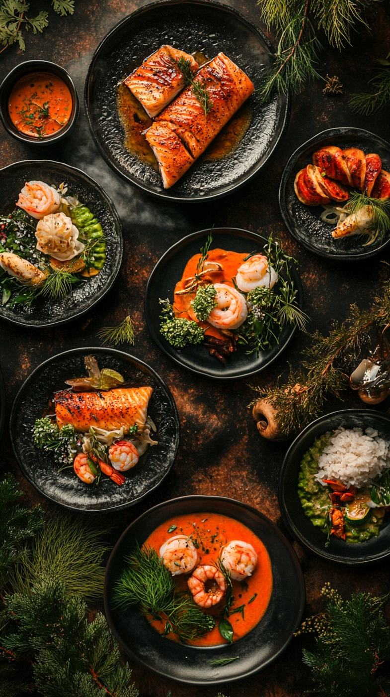 Seafood dishes on a dark table