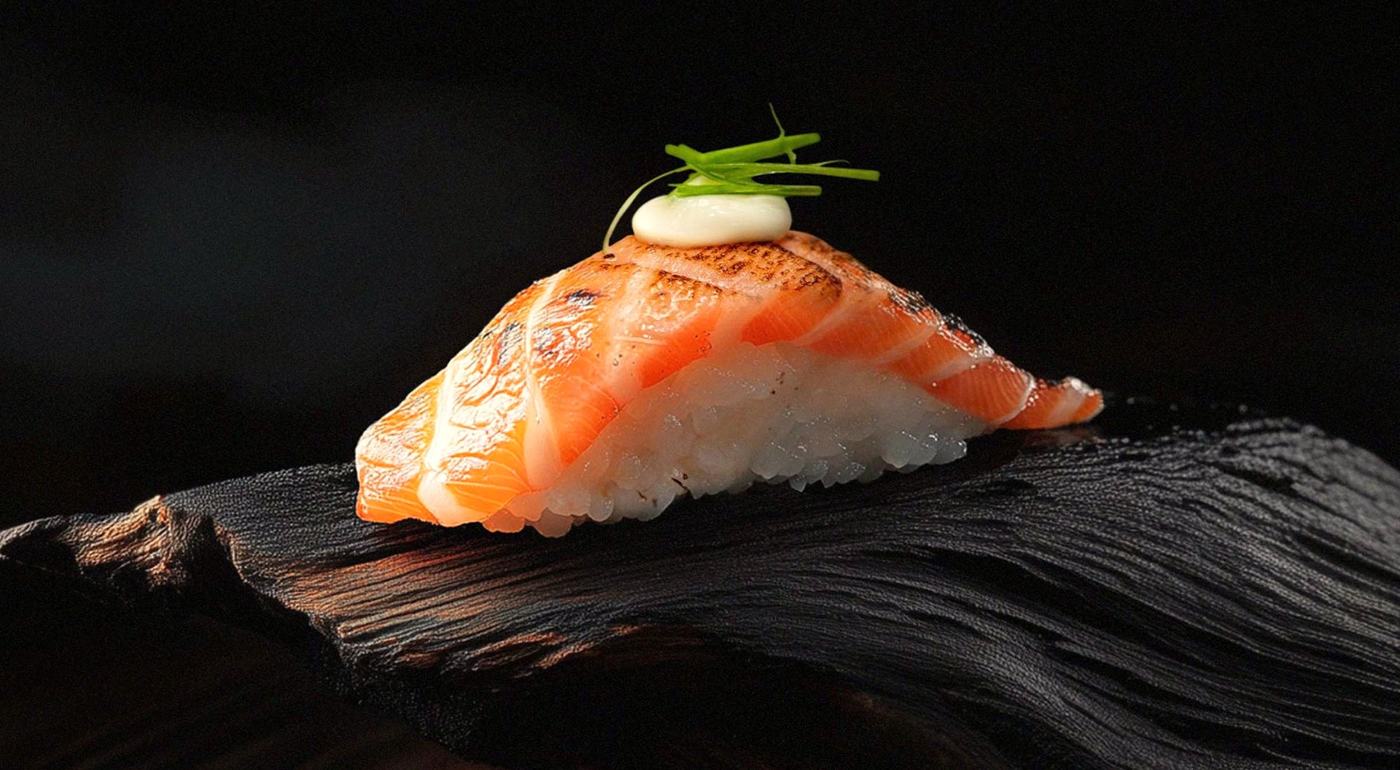 Salmon nigiri on dark wood (plating inspiration)