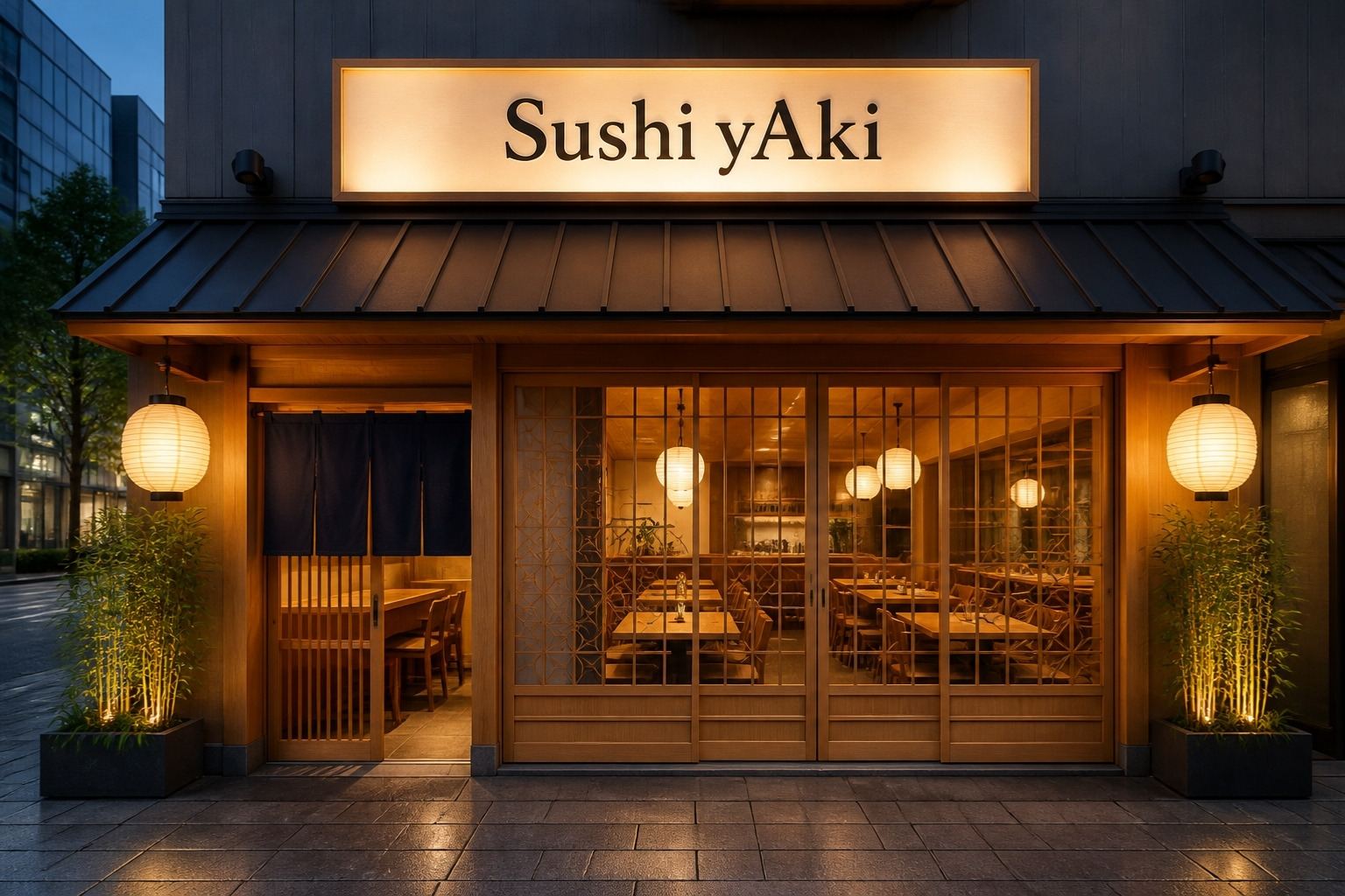 Concept design of the new Sushi yAki outlet frontage: warm timber shopfront, glowing lanterns and the Sushi yAki sign