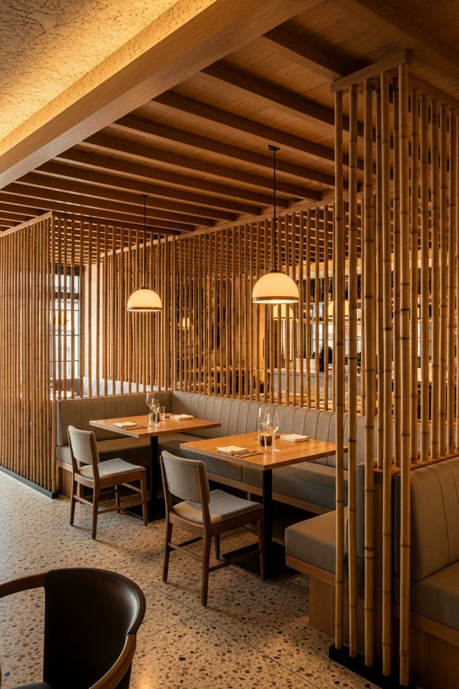 Booths behind timber slats